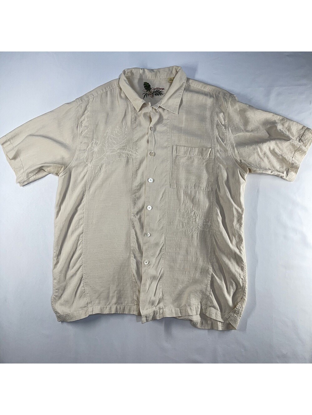 Caribbean Hawaiian Camp Shirt Mens XL Khaki Button Up 100% Silk Floral Beach